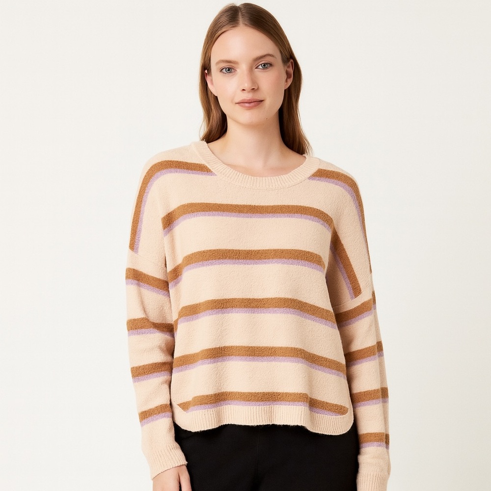 Madewell Cream Striped Sweater w/curved hem. Brown/purple stripe. Size XL AR17